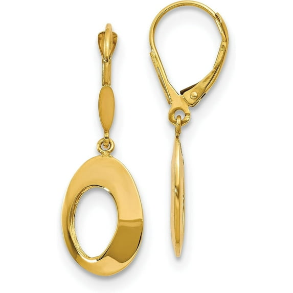14K Yellow Gold Polished Hollow Circles Leverback Earrings - 32mm- Made In Italy