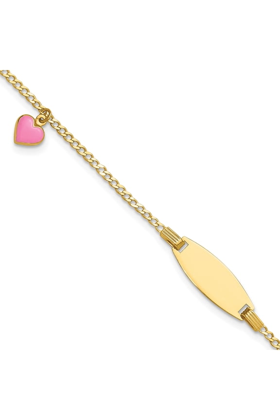14K Yellow Gold Polished Kids Id With Pink Enameled Puff Heart 5.5In Bracelet (Width 5.5) (Length 5.5) - Jbsp