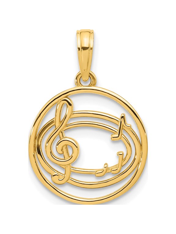 14K Yellow Gold Polished Music Notes and Treble Clef in Circle Pendant