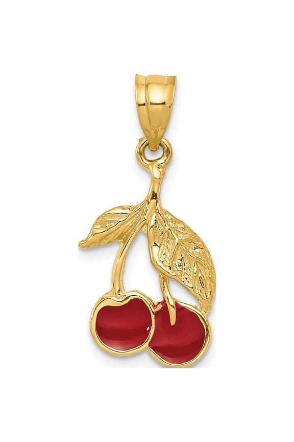 14K Yellow Gold Polished Red Enameled Cherries Pendant