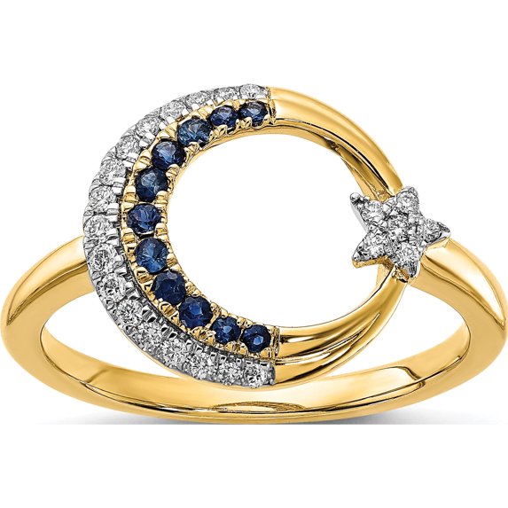 14K Yellow Gold Polished Sapphire And Diamond Moon W/Star Ringsize 7 - Jbsp