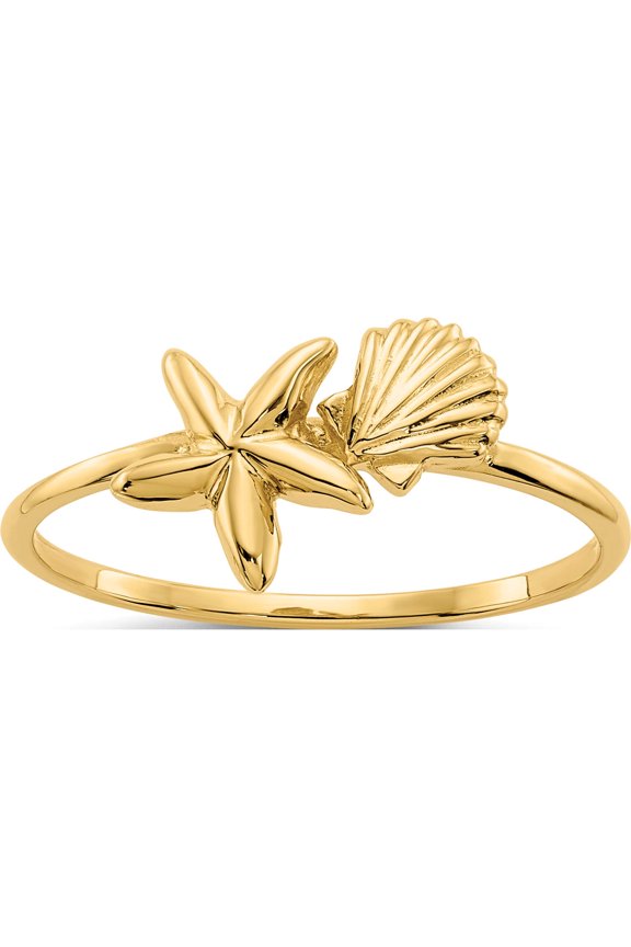 14K Yellow Gold Polished Shell & Starfish Ring (Size 7) Made In United States k5759