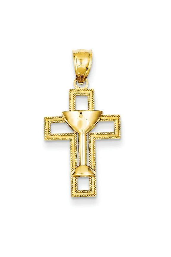 14K Yellow Gold Polished Texture Cross Communion Chalice Cup Pendant