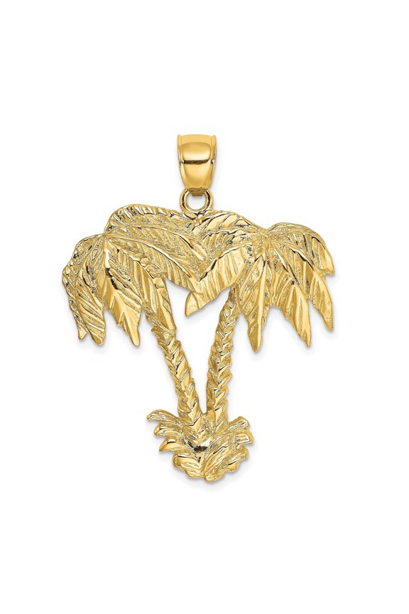 14K Yellow Gold Polished Texture Finish Concave Shape 2-Dimensional Double Palm Trees Design Charm Pendant
