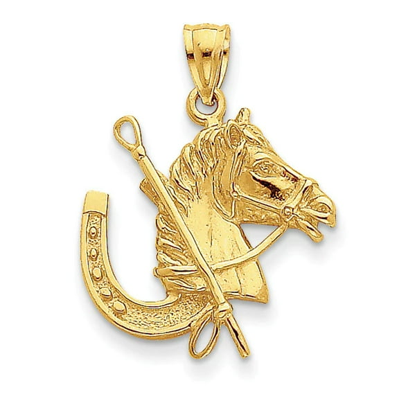 14K Yellow Gold Polished Texture Finish Horse Head with Shoe and Crop Charm Pendant