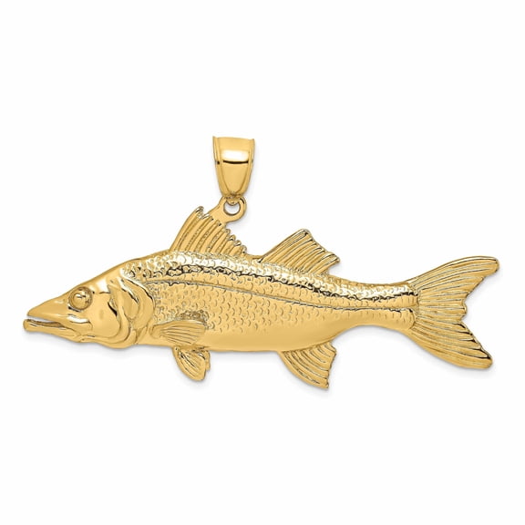 14K Yellow Gold Polished Textured Finish 3-Dimensional Snook Fish Charm Pendant