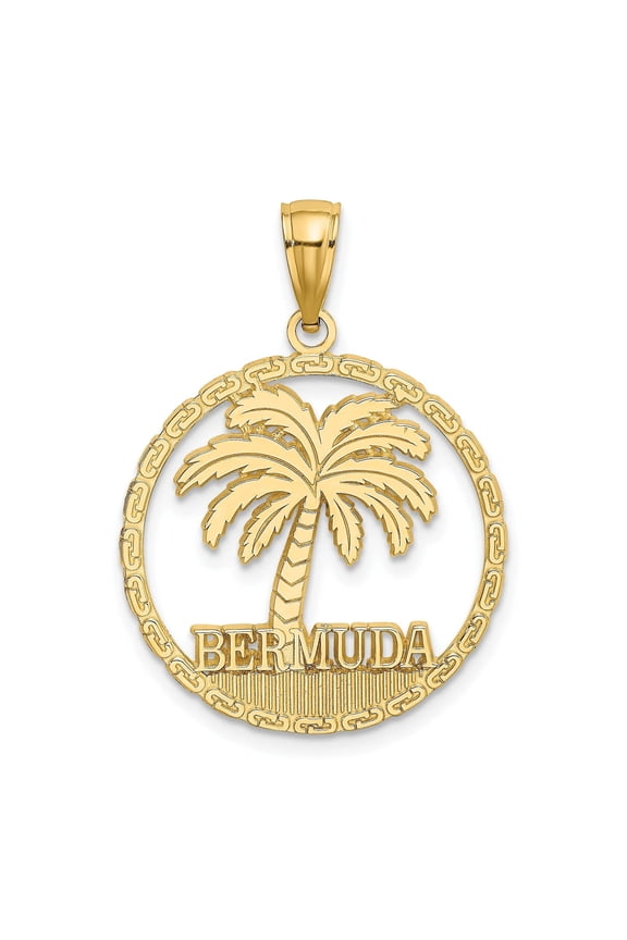 14K Yellow Gold BERMUDA in Circle Design Palm Tree Pendant