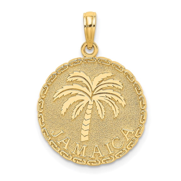 14K Yellow Gold Polished Textured Finish JAMAICA & Palm Tree in Round Disk Shape Charm Pendant
