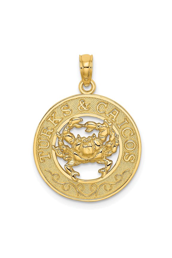 14K Yellow Gold Polished Textured Finish TURKS & CAICOS Circle Design with Crab Charm Pendant