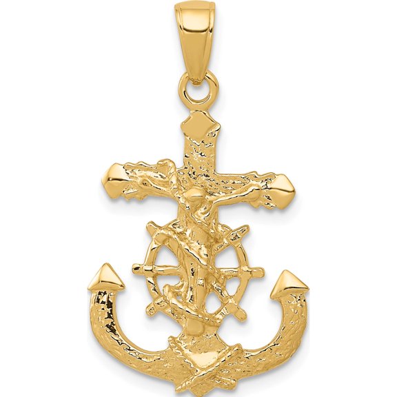 14K Yellow Gold Polished Textured Mariners Crucifix Rope/Wheel Pendant (30.4 X 17.25) Made In Peru k5577