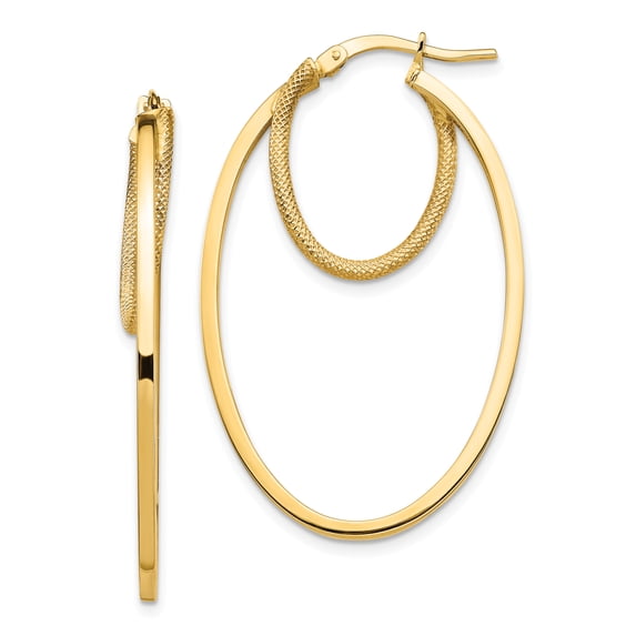 14K Yellow Gold Polished & Textured Oval Hoop Earrings
