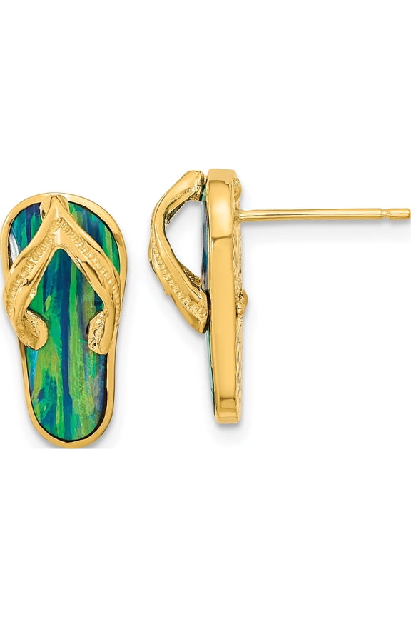 14K Yellow Gold Polished with Lab Created Blue Opal Flip-Flop Post Earrings