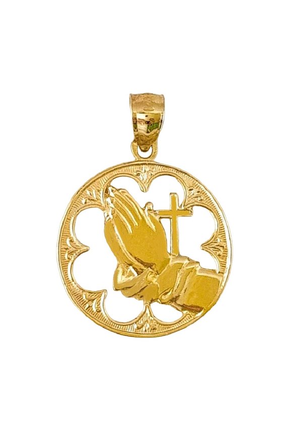 14K Yellow Gold Praying Hands with Cross Pendant
