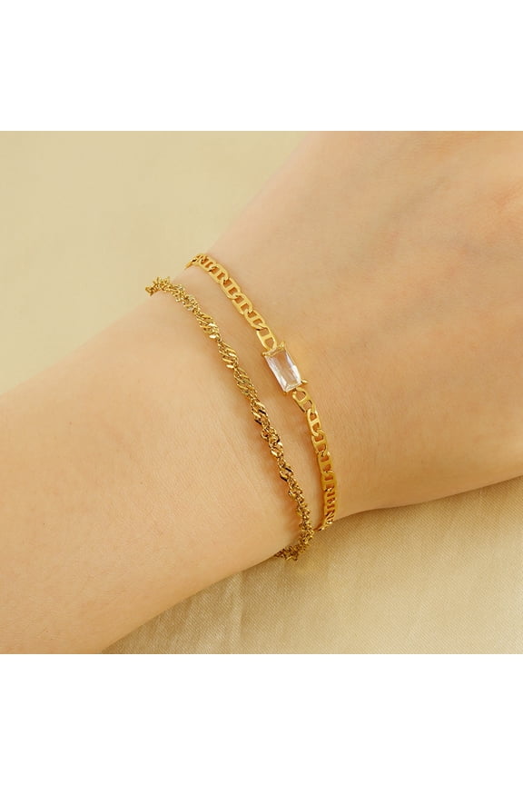 14K Yellow Gold Punk 2 Layer Bracelet Simple Irregular Chain Golden Color Women Men Jewelry Couple Present