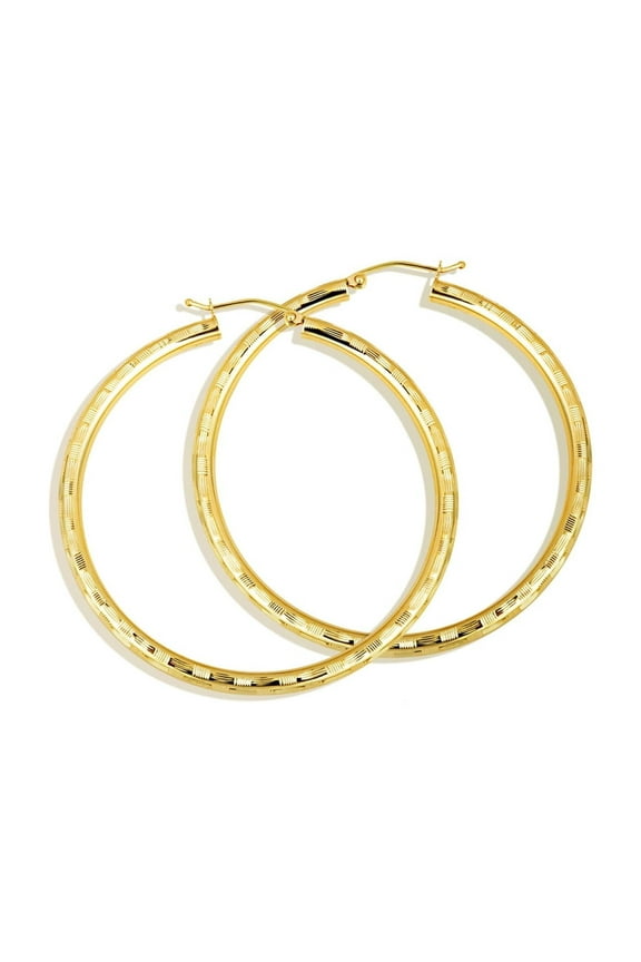 14K Yellow Gold Reversible Textured Tube Striped Hoop Earrings (3MM X 30MM)