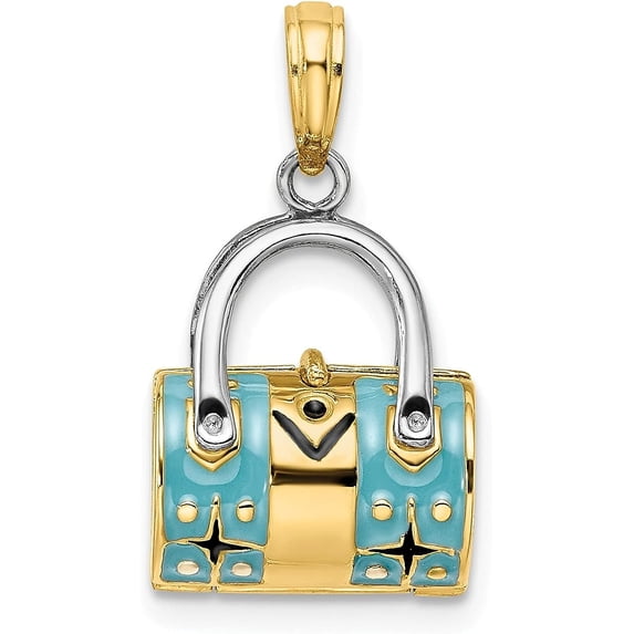 14K Yellow Gold & Rhodium 3-D Teal Enameled Opens Duffle/Purse Charm - 21.44mm