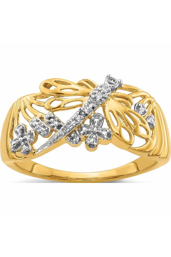 14K and White Rhodium Diamond Dragonfly Ring