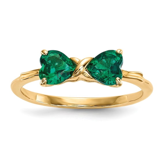 14K Yellow Gold Ring Band Birthstone (05) May Emerald, Lab Created Heart Green, Size 7