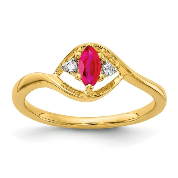14K Yellow Gold Ring Band Gemstone Ruby Marquise Red Diamond Round, Size 6