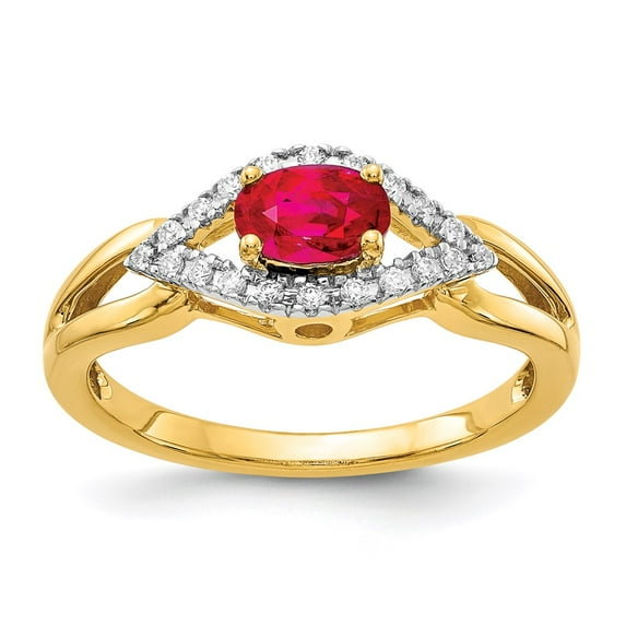 14K Yellow Gold Ring Band Gemstone Ruby Oval Red Diamond Round, Size 5