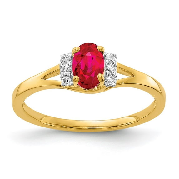 14K Yellow Gold Ring Band Gemstone Ruby Oval Red Diamond Round, Size 5