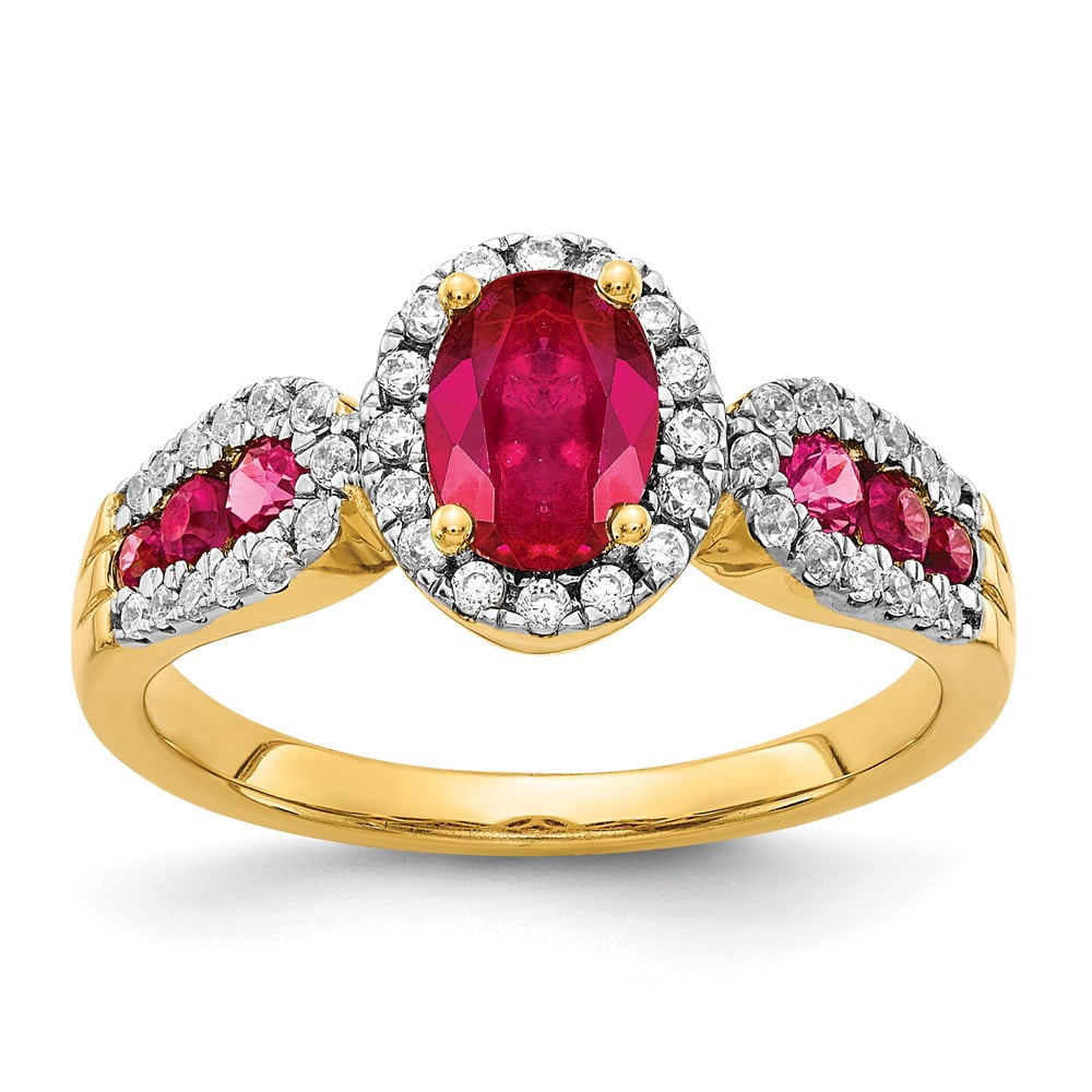Red Rpund Diamond 14K Yellow Gold Ring Band Gemstone Ruby Oval Red Round Diamond, Size 6 ...