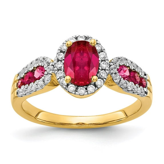 14K Yellow Gold Ring Band Gemstone Ruby Oval Red Round Diamond, Size 8