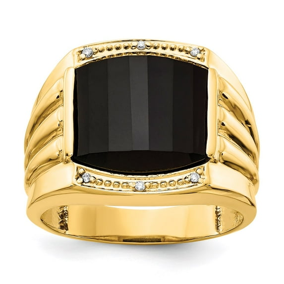 14K Yellow Gold Ring Band Men's Diamond Round Onyx Black, Size 6