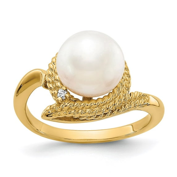 14K Yellow Gold Ring Band Pearl Freshwater White Diamond Round, Size 6