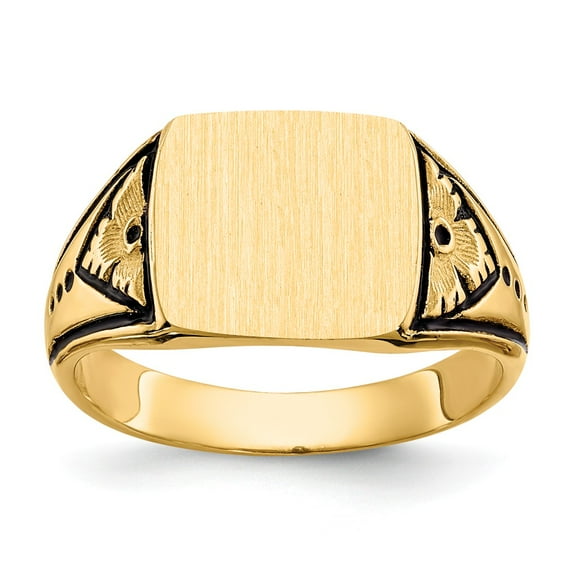 14K Yellow Gold Ring Band Signet 11.0x11.5mm Closed Back Antiqued Men's, Size 8