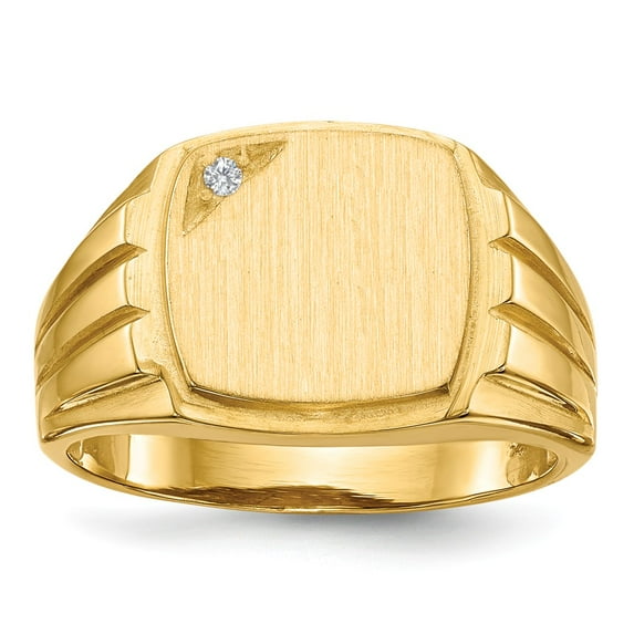14K Yellow Gold Ring Band Signet Diamond Round 11.5x12.0mm Grooved Sides Open Back AA Men's, Size 7