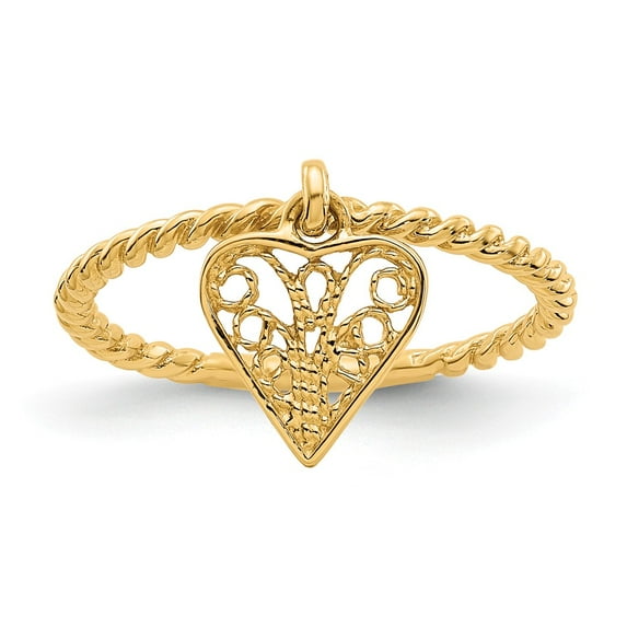 14K Yellow Gold Ring Band Themed Dangle Heart, Size 6