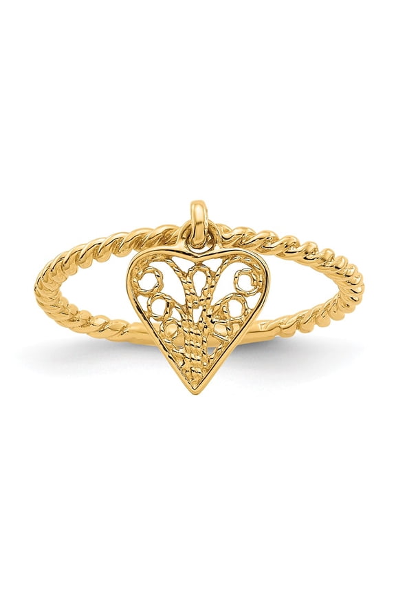 14K Yellow Gold Ring Band Themed Dangle Heart