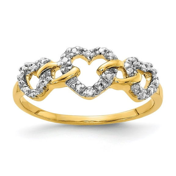 14K Yellow Gold Ring Band Themed Diamond Round Triple Heart
