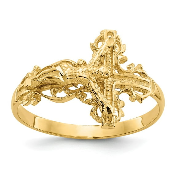 14K Yellow Gold Ring Band Themed Diamond-cut Crucifix, Size 9