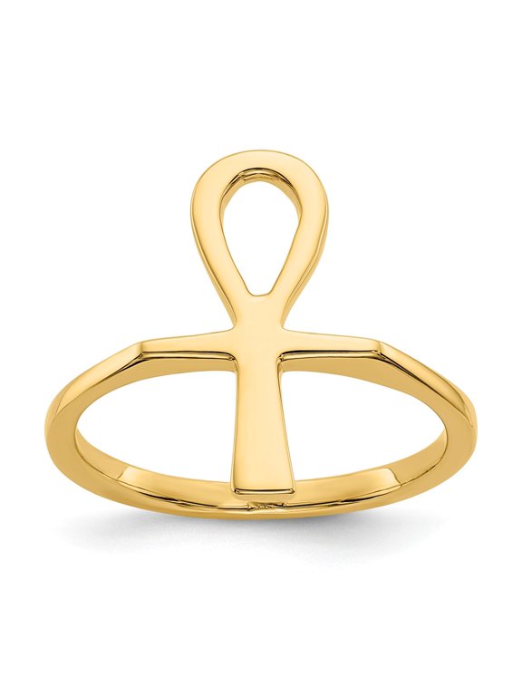 14K Yellow Gold Ring Band Themed Polished Ankh Egyptian Cross