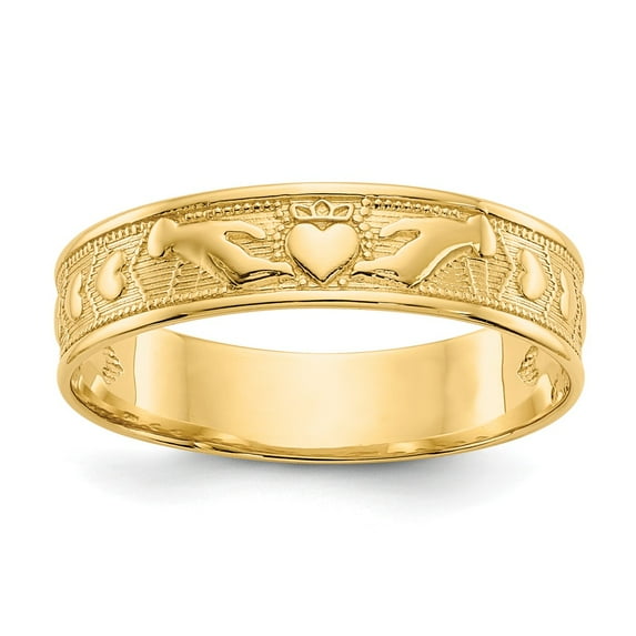 14K Yellow Gold Ring Band Themed Polished Claddagh, Size 9