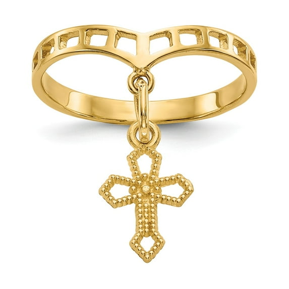 14K Yellow Gold Ring Band Themed Polished Cross Dangle Charm, Size 6