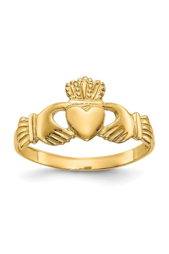 14K Yellow Gold Ring Band Themed Polished Ladie's Claddagh