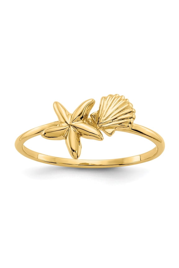 14K Yellow Gold Ring Band Themed Polished Shell & Starfish, Size 8