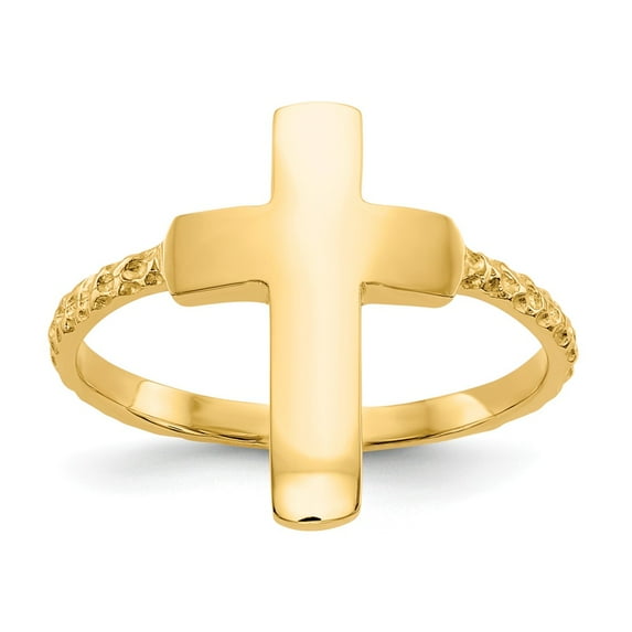 14K Yellow Gold Ring Band Themed Polished Textured Cross, Size 8