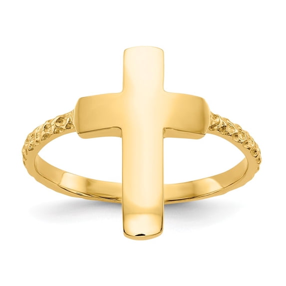 14K Yellow Gold Ring Band Themed Polished Textured Cross, Size 9