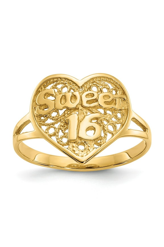 14K Yellow Gold Ring Band Themed Sweet 16 Heart, Size 9