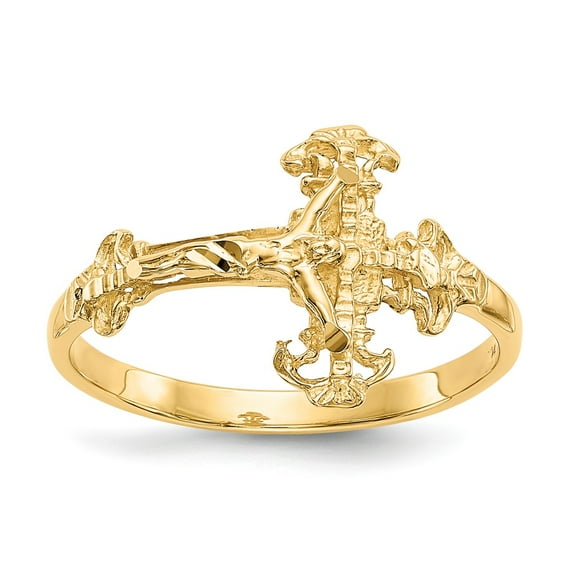 14K Yellow Gold Ring Band Themed diamond-cut Crucifix, Size 8
