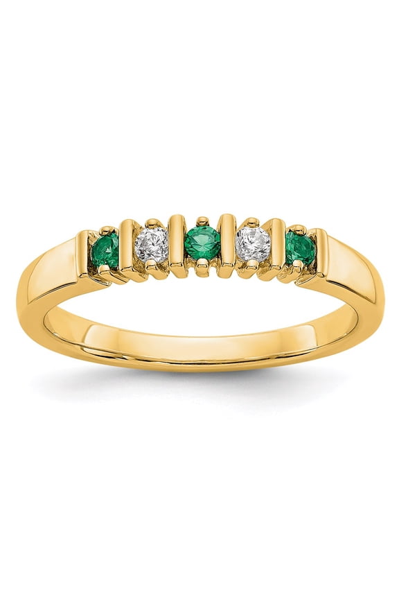 14K Yellow Gold Ring Band Wedding Diamond Round Emerald Green, Size 5