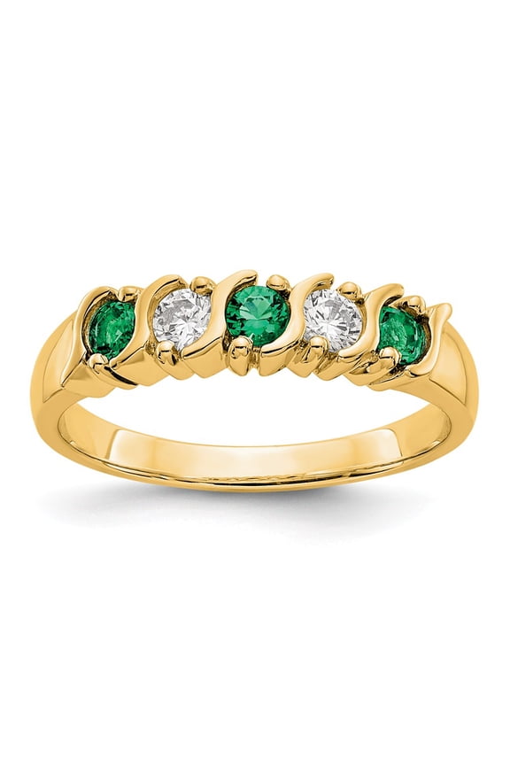 14K Yellow Gold Ring Band Wedding Diamond Round Emerald Green