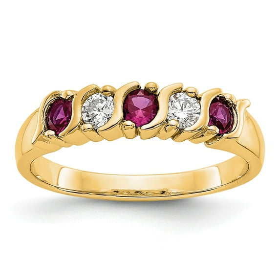 14K Yellow Gold Ring Band Wedding Diamond Round Ruby Red