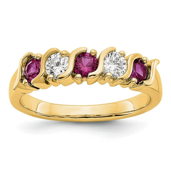 14K Yellow Gold Ring Band Wedding Diamond Round Ruby Red