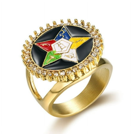 14K Yellow Gold Ring Fashion Order Of Eastern Star Masonic Hollow Out Rhinestone Jewelry