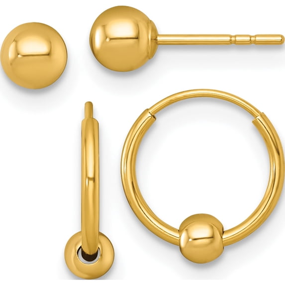14K Yellow Gold Romantic, Stunning Polished Set Of Two Pair 4.00Mm Ball Post And Beaded Endless Hoop Earrings